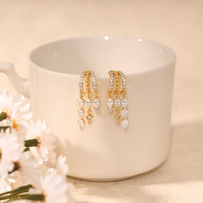 Gold Dangle Earrings for Women,Dainty 14K Gold Plated Triple Huggie Hoop Earrings Cute Statement Drop Earrings for Women Trendy Hypoallergenic CZ Gold Earrings Non Tarnish Wedding Prom Jewelry