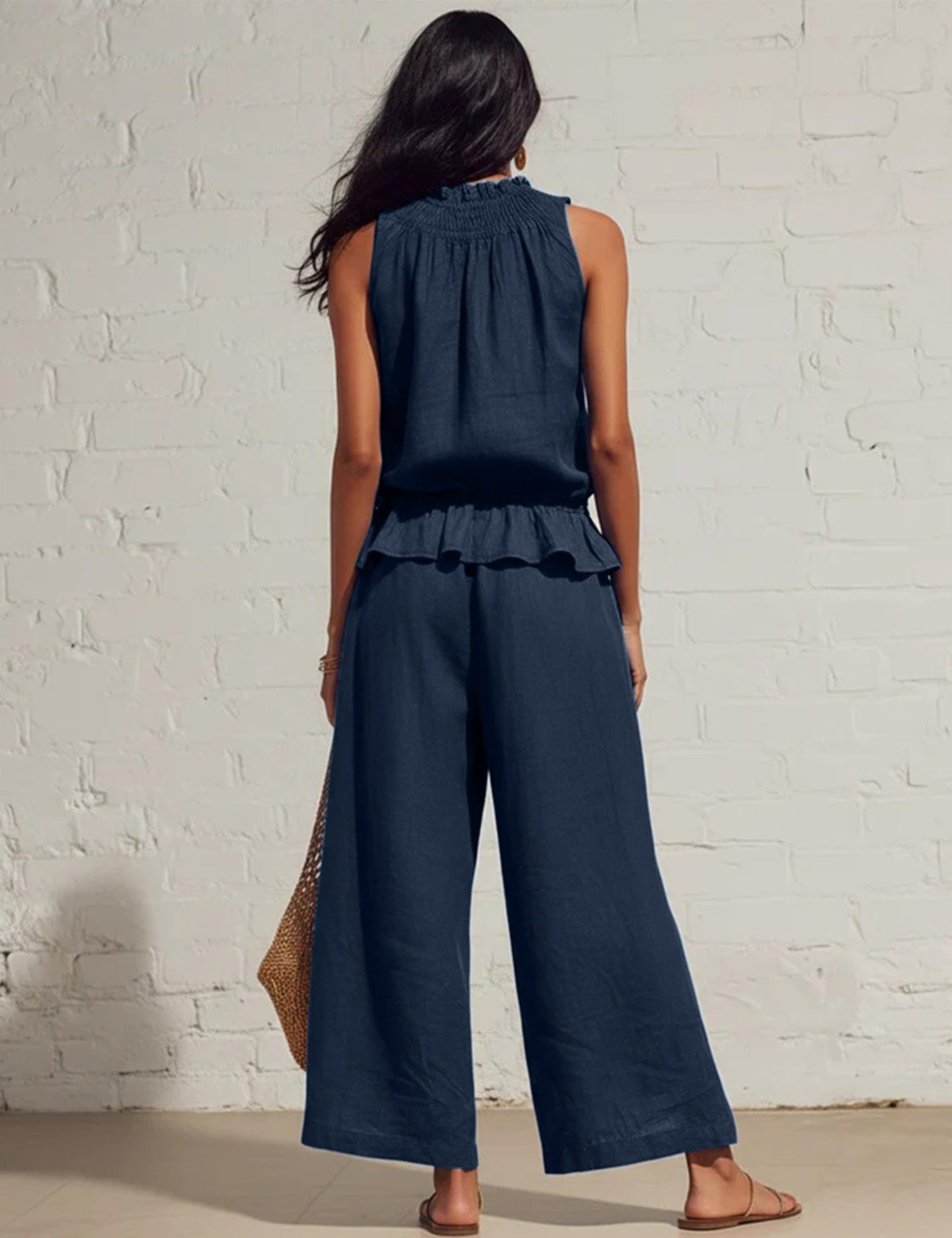 Tanming Women's Linen 2 Piece Outfits Sleeveless Ruffle Top Wide Leg Pants Summer Loungewear Beach Travel Sets