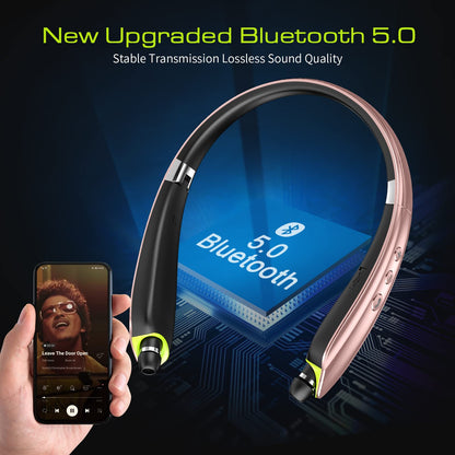 Bluetooth Headset, 2026 Upgraded Neckband Bluetooth Headphones with Retractable Earbuds, Noise Cancelling Stereo Earphones with Mic, Foldable Wireless Headphones for Sports Office w/Carry Case(Black)