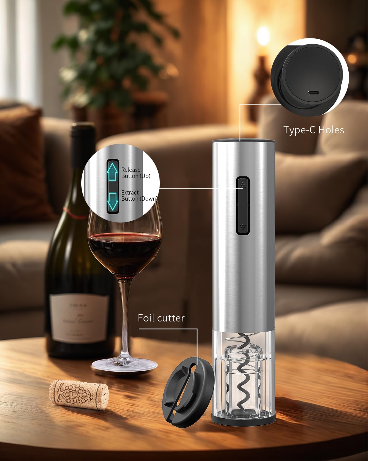 CIRCLE JOY Electric Wine Opener Rechargeable 5-in-1 Stainless Steel Wine Gift Set with Foil Cutter, Wine Aerator Pourer, Wine Drip Ring & Vacuum Stopper, Ideal Gifts for Wine Lovers, Silver
