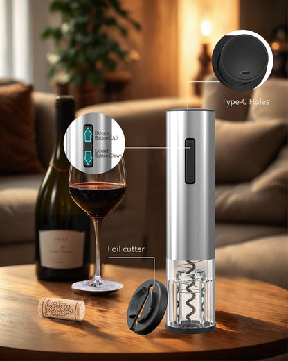 CIRCLE JOY Electric Wine Opener Rechargeable 5-in-1 Stainless Steel Wine Gift Set with Foil Cutter, Wine Aerator Pourer, Wine Drip Ring & Vacuum Stopper, Ideal Gifts for Wine Lovers, Silver
