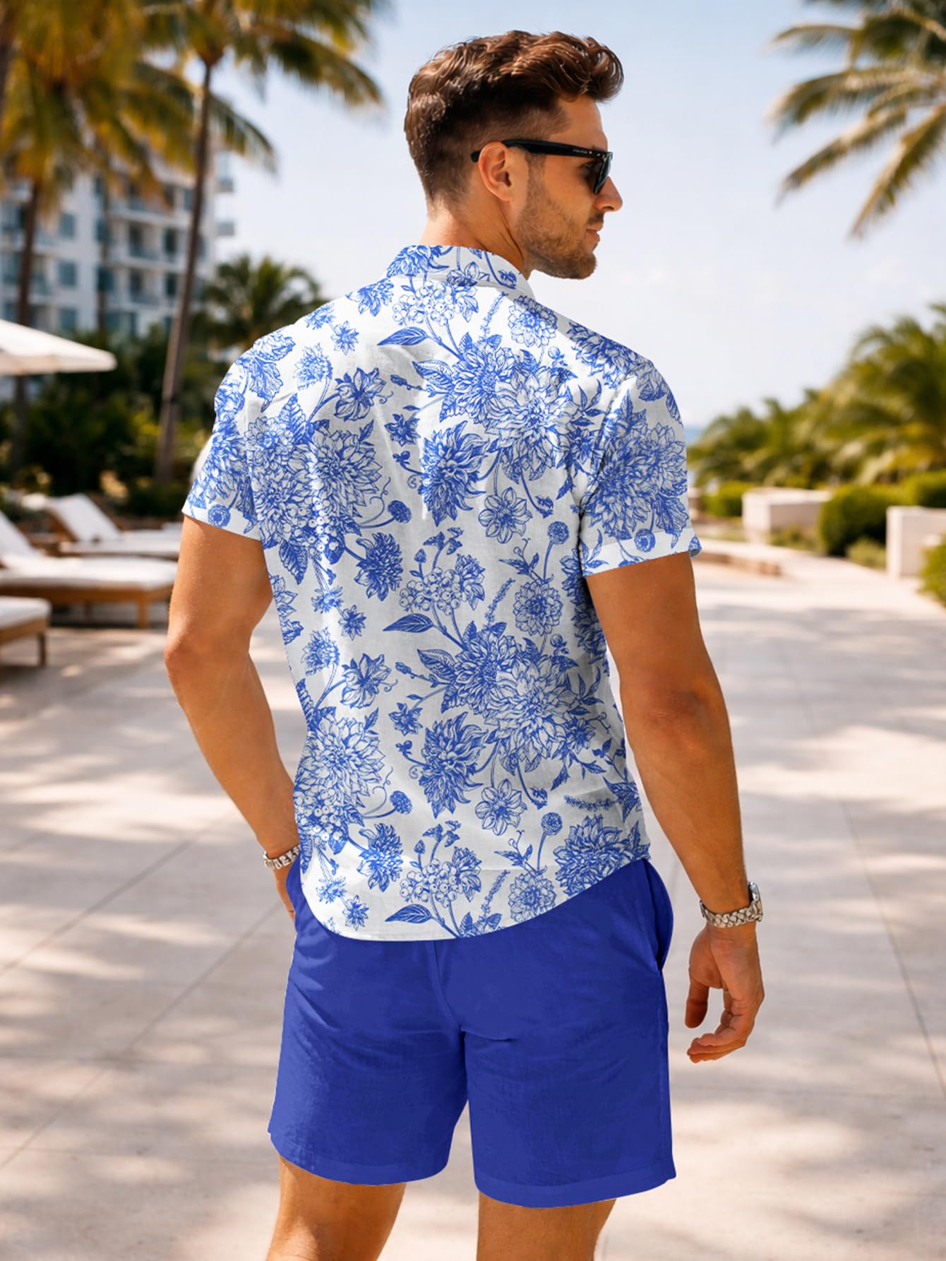 Yoimira Men's Summer Outfits 2 Piece Short Sets Hawaiian Floral Button Down Shirt and Shorts Vacation Beach Cruise Set