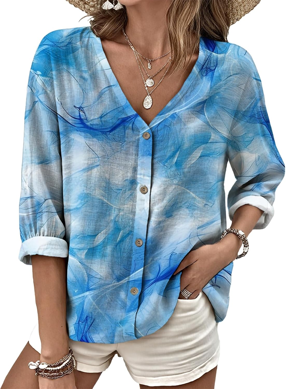 MARSVOVO V Neck Shirts for Women Lightweight Decorative Button 3/4 Sleeve Blouses Comfy Casual Business Flowy Top