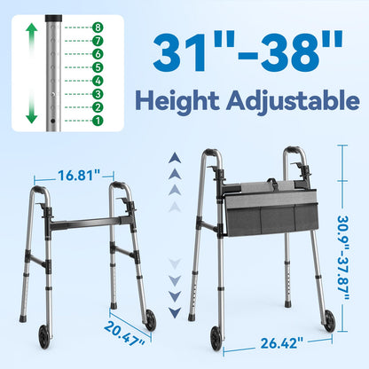 Loyoda Folding Walker with 2 Skis and 5" Wheels, Lightweight Walkers for Seniors and Adults, Supports Up to 350 Pounds, Adjustable Height, Compact Standard Walker, Black