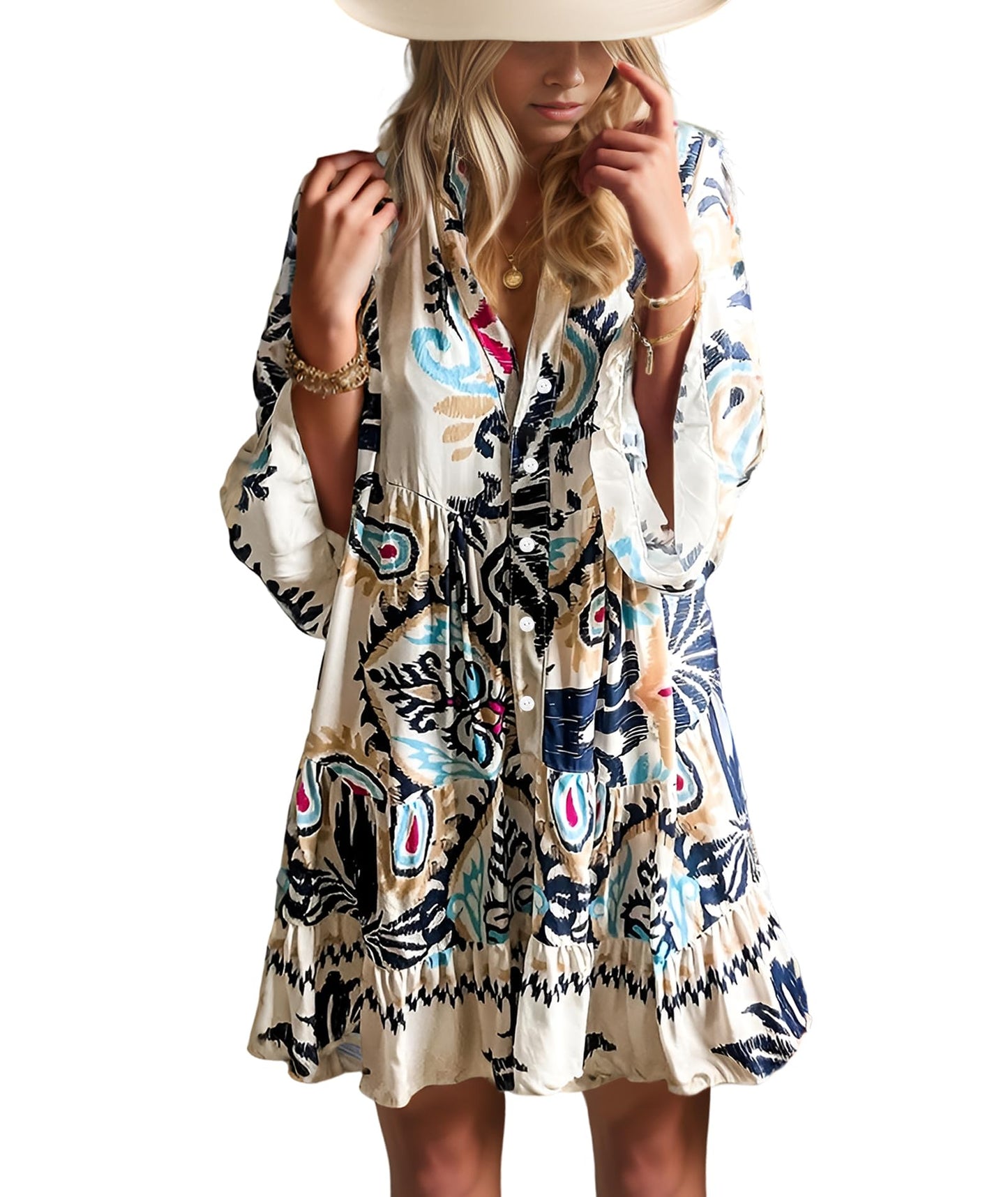 Opemiby Summer Dresses for Women 2026 Flowy Ruffle 3/4 Sleeve V Neck Tiered Casual Babydoll Boho Beach Mini Dress