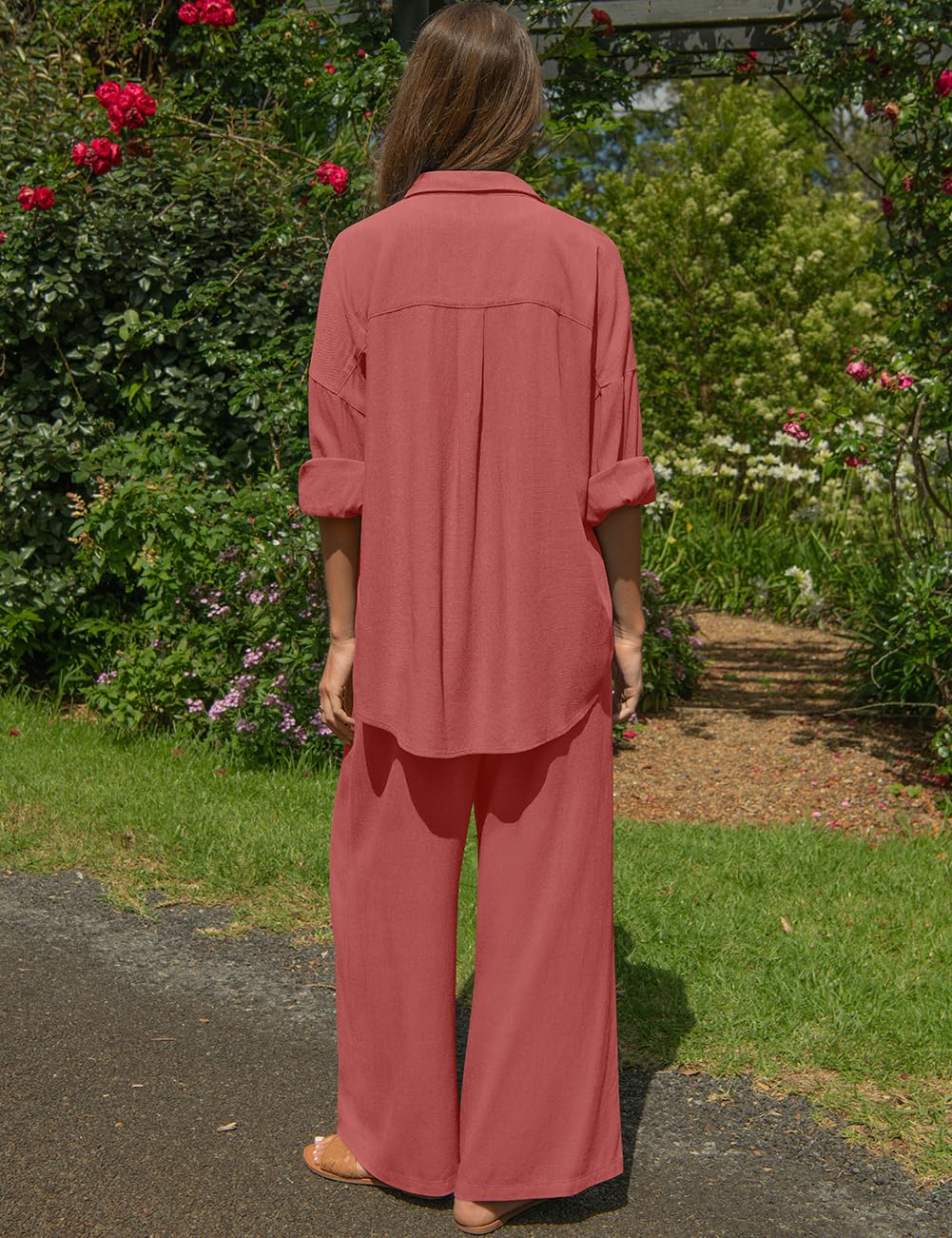 TARSE Womens Linen 2 Piece Outfits Casual Lounge Sets | Long Sleeve, Button Down Shirt and Wide Leg Pants, loose fit linen, vacation outfits with Pockets