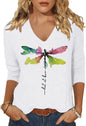 Womens V Neck Flowers Shirts Boho Floral Printed T-Shirt Vintage Graphic Tee Summer Casual Cute 3/4 Sleeve Tops