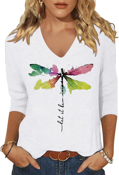 Womens V Neck Flowers Shirts Boho Floral Printed T-Shirt Vintage Graphic Tee Summer Casual Cute 3/4 Sleeve Tops