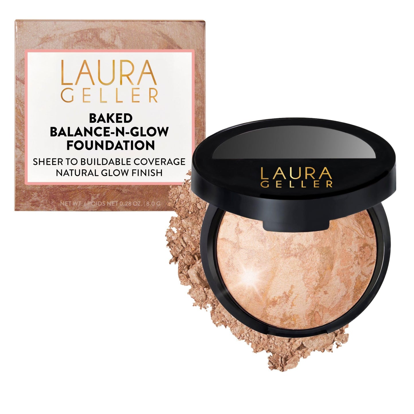 LAURA GELLER NEW YORK Baked Balance-n-Glow Illuminating Powder Foundation – Toffee – Handmade in Italy – Pearl-Infused Satin Finish – Vitamin C Brightening – Buildable Sheer Coverage – For Mature Skin