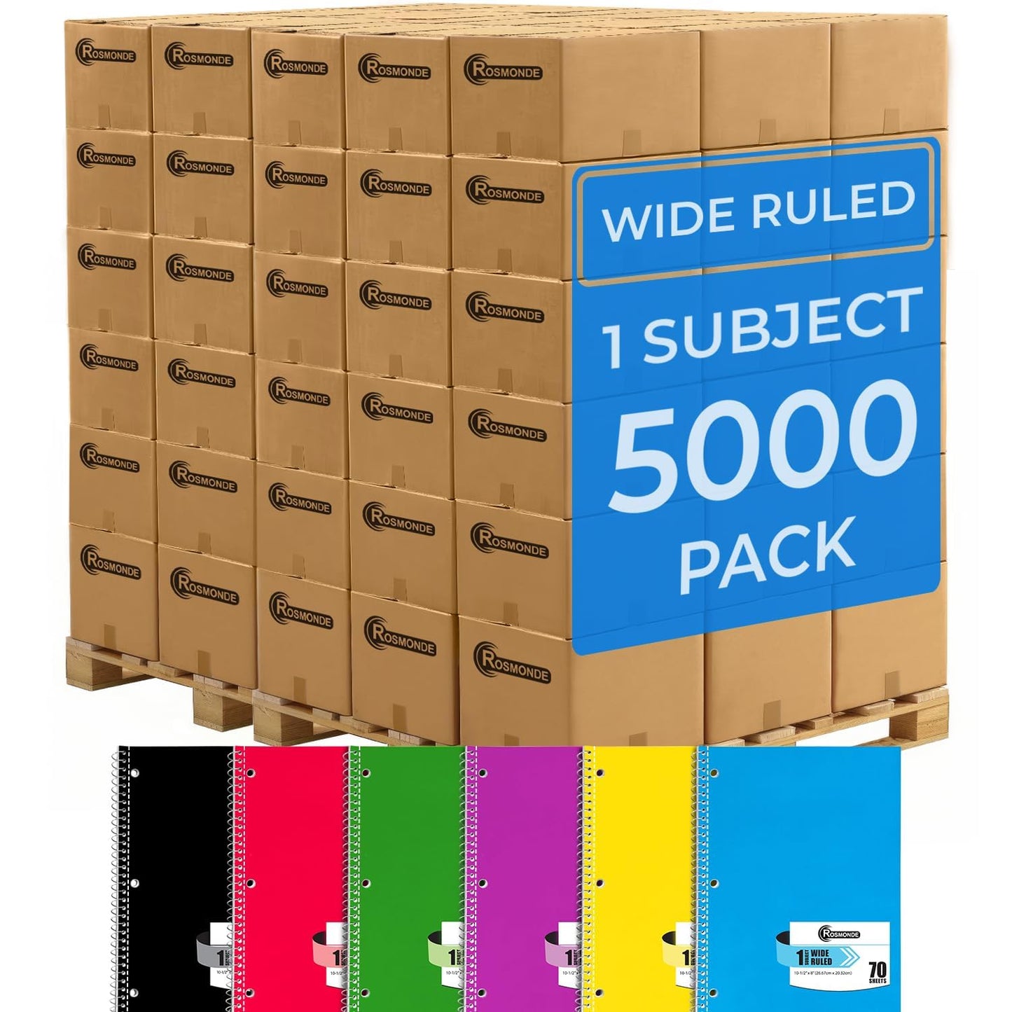Rosmonde Spiral Notebooks, 12 Pack, 1 Subject Notebook, Wide Ruled, 70 Sheets, 8 x 10-1/2", 3 Hole Punched, School Supplies, Bulk Single Subject Spiral Notebook Bulk, Assorted Colors Pack of Notebooks