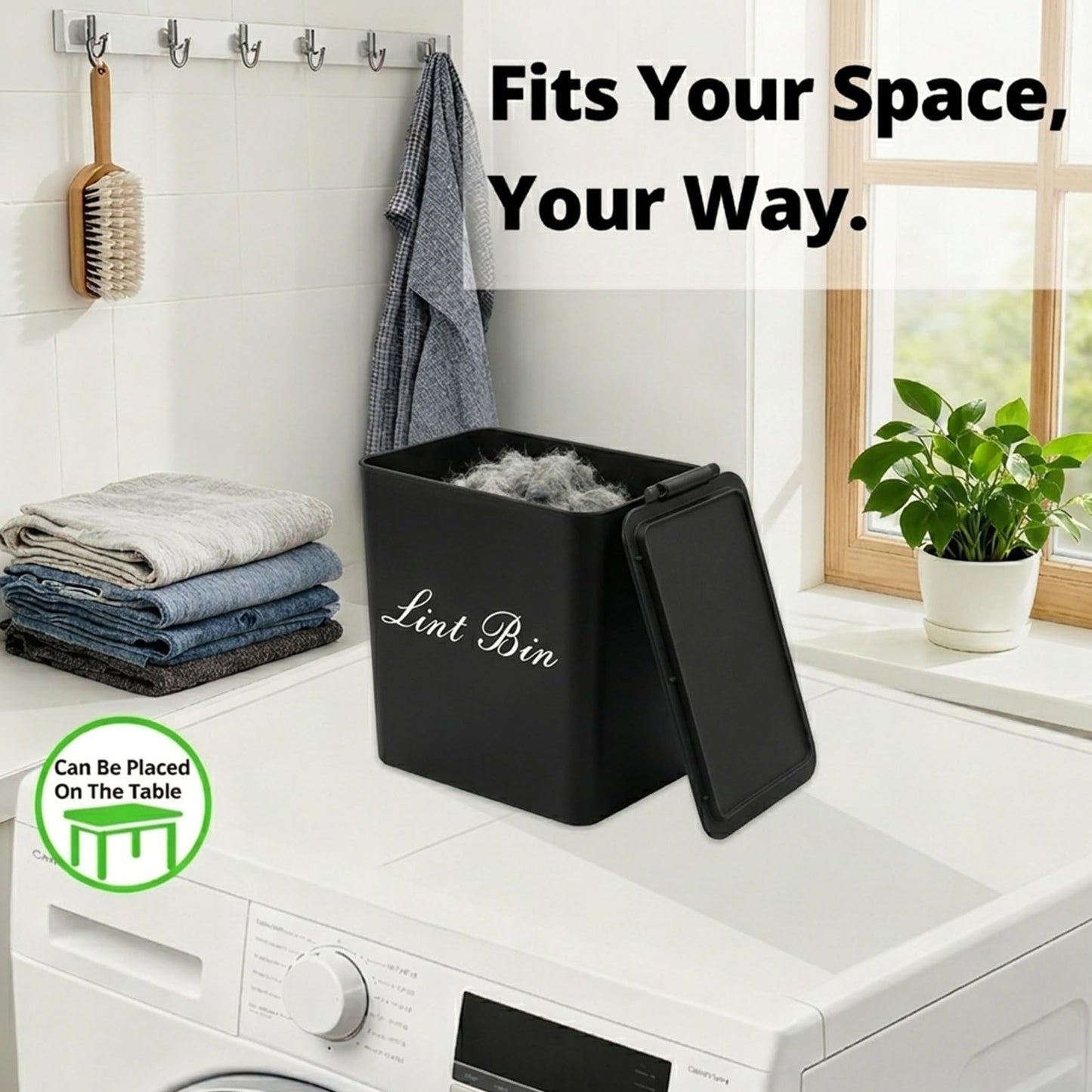 Artilife Magnetic Plastic Black Lint Bin with Lid for Laundry Room, 6 X 5 Inch Compact Wall Mount Lint Holder for Dryer, Small Black ABS Trash Can for Dryer Lint and Sheets