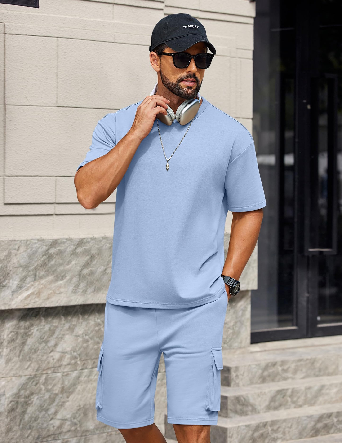 COOFANDY Men's Shirt and Shorts Set 2 Piece Fashion Summer Tracksuits Cotton Oversized T-Shirts Cargo Shorts Outfits