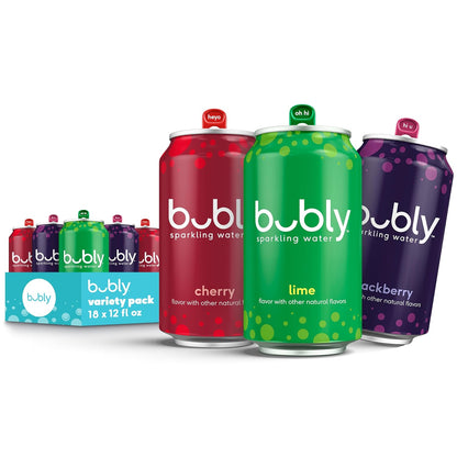 bubly Sparkling Water, 6 Flavor Variety Pack (Blackberry, Lime, Cherry, Grapefruit, Strawberry, Mango), Zero Sugar & Zero Calories, Seltzer Water, 12 Fl Oz Cans (Pack of 18)