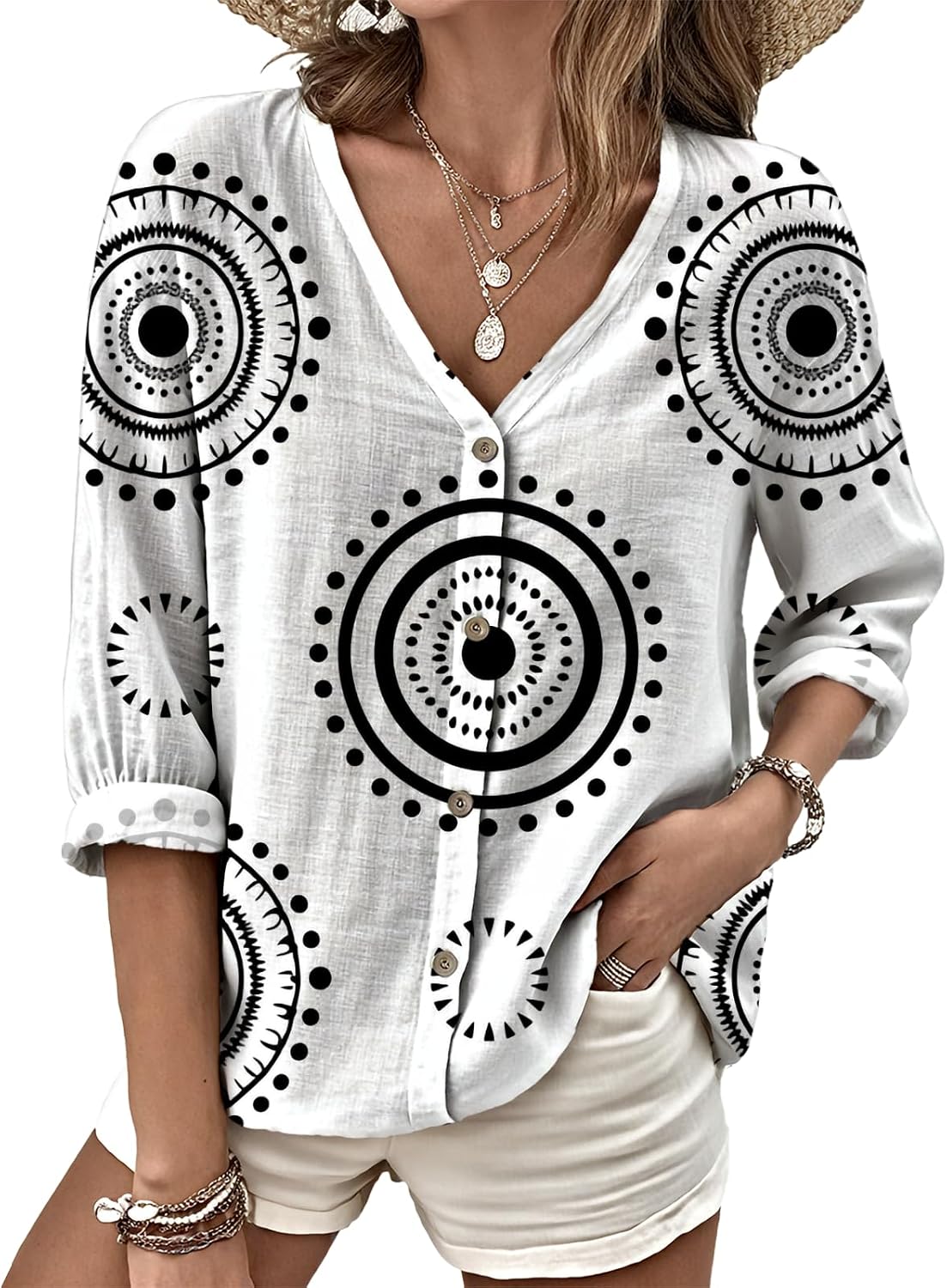 MARSVOVO V Neck Shirts for Women Lightweight Decorative Button 3/4 Sleeve Blouses Comfy Casual Business Flowy Top