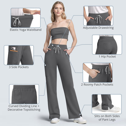 Scrubs for Women Set, Sleeveless 9-Pocket Straight Leg Yoga Waist | Stand-up collar top, straight leg pants side slits. Soft stretch knit. Yoga waist. Wrinkle-free. For nurses/docs/vets.