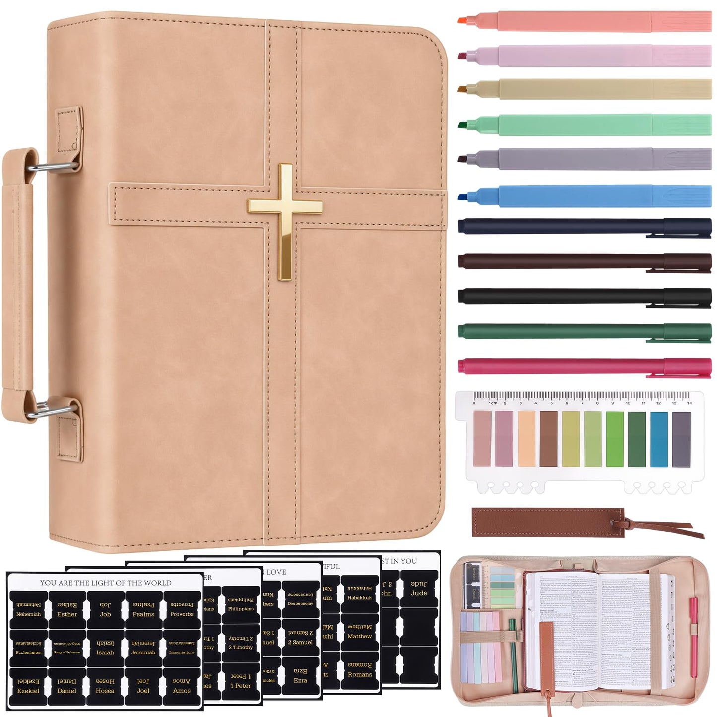 XKDOUS 20 Pcs Bible Case Set with Tabs, Pens, Study Supplies Carrier Holder Portable Men's Bible Bag Church Book Leather Cover Father Day Christian Gift for Dad, Mom, Men, Women