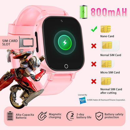 Transformers 4G Kids Smart Watch Phone, GPS, Video Call, Waterproof - Pink | Smartwatch for Boys Girls Ages 4-12, Class Mode, SOS, Camera, Alarm, Touch Screen, Gifts with Bonus Woven Strap & SIM Card