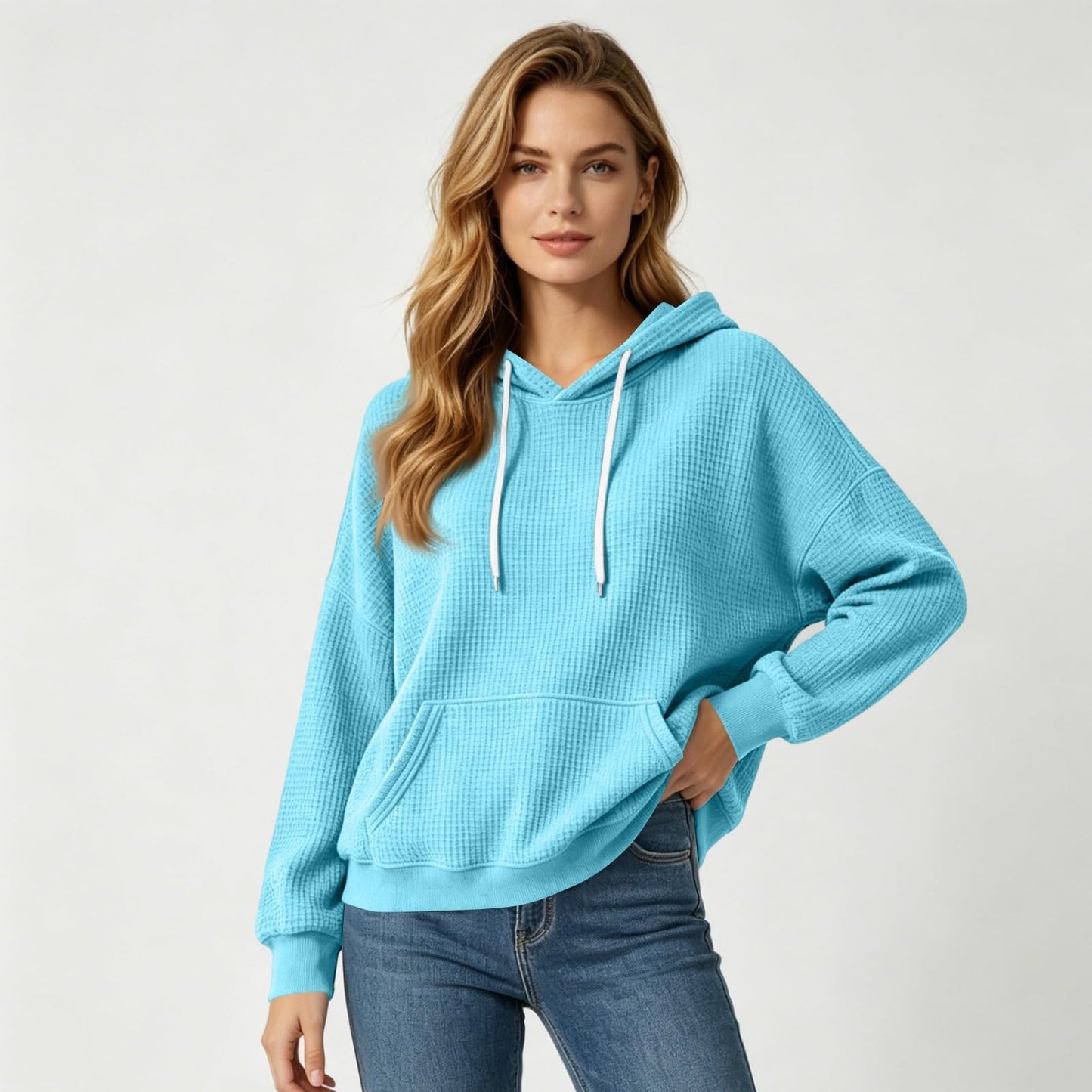 Women Casual Waffle Grid Textured Pullover Hoodie Contrast Drawstring Pocket Loose Long Sleeve Sweatshirts