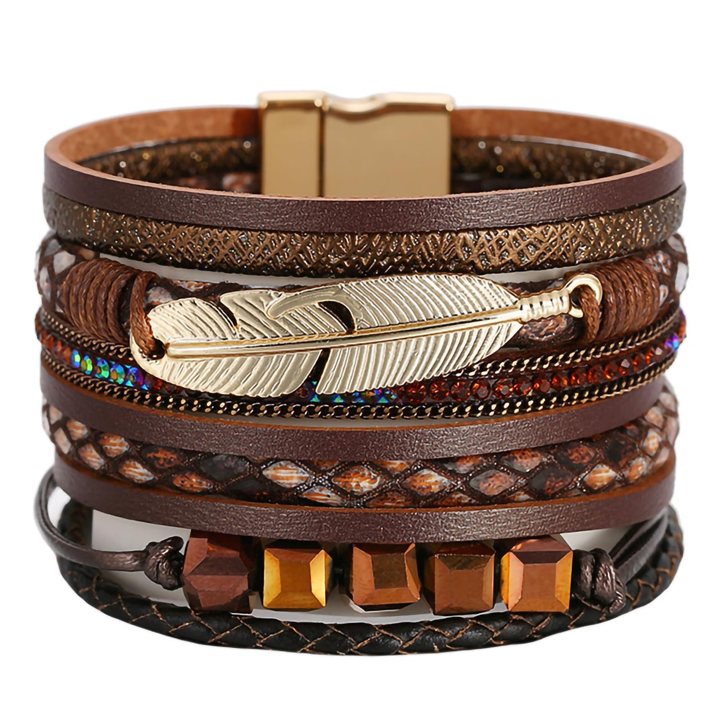 Fesciory Leopard Bracelet for Women, Boho Leather Wrap Multi-Layer Pearl Crystal Bracelet Bangle Jewelry