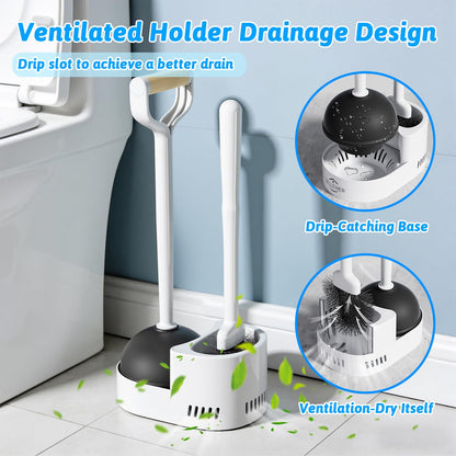 Sellemer Toilet Brush and Plunger Set, Curved Design Head for Deep Cleaning, Heavy Duty Toilet Bowl Brush and Plunger Combo with Holder for Bathroom Cleaning, Black, 2 Pack