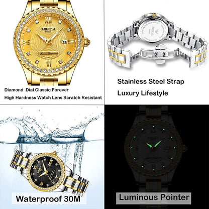NIBOSI Watches for Couples Diamond Luxury Men and Women His and Hers Pair Watch Set Husband Wife Valentines Matching Wrist Watch Wedding Gifts Day Date Waterproof Quartz Analog