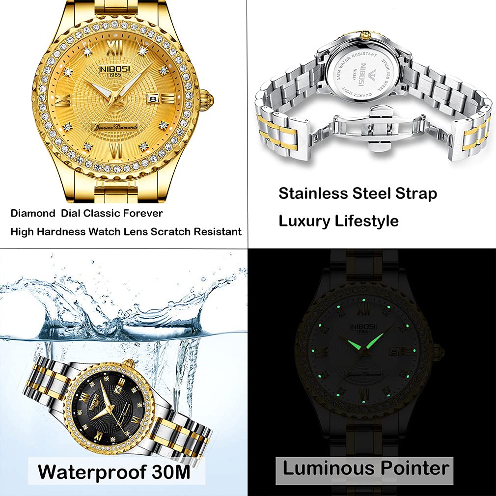 NIBOSI Watches for Couples Diamond Luxury Men and Women His and Hers Pair Watch Set Husband Wife Valentines Matching Wrist Watch Wedding Gifts Day Date Waterproof Quartz Analog