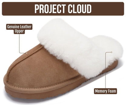 Project Cloud Genuine Leather Slippers for Women with Genuine Fur Lining, Non-Slip Indoor/Outdoor Clog Mule Slippers, Memory Foam Insole