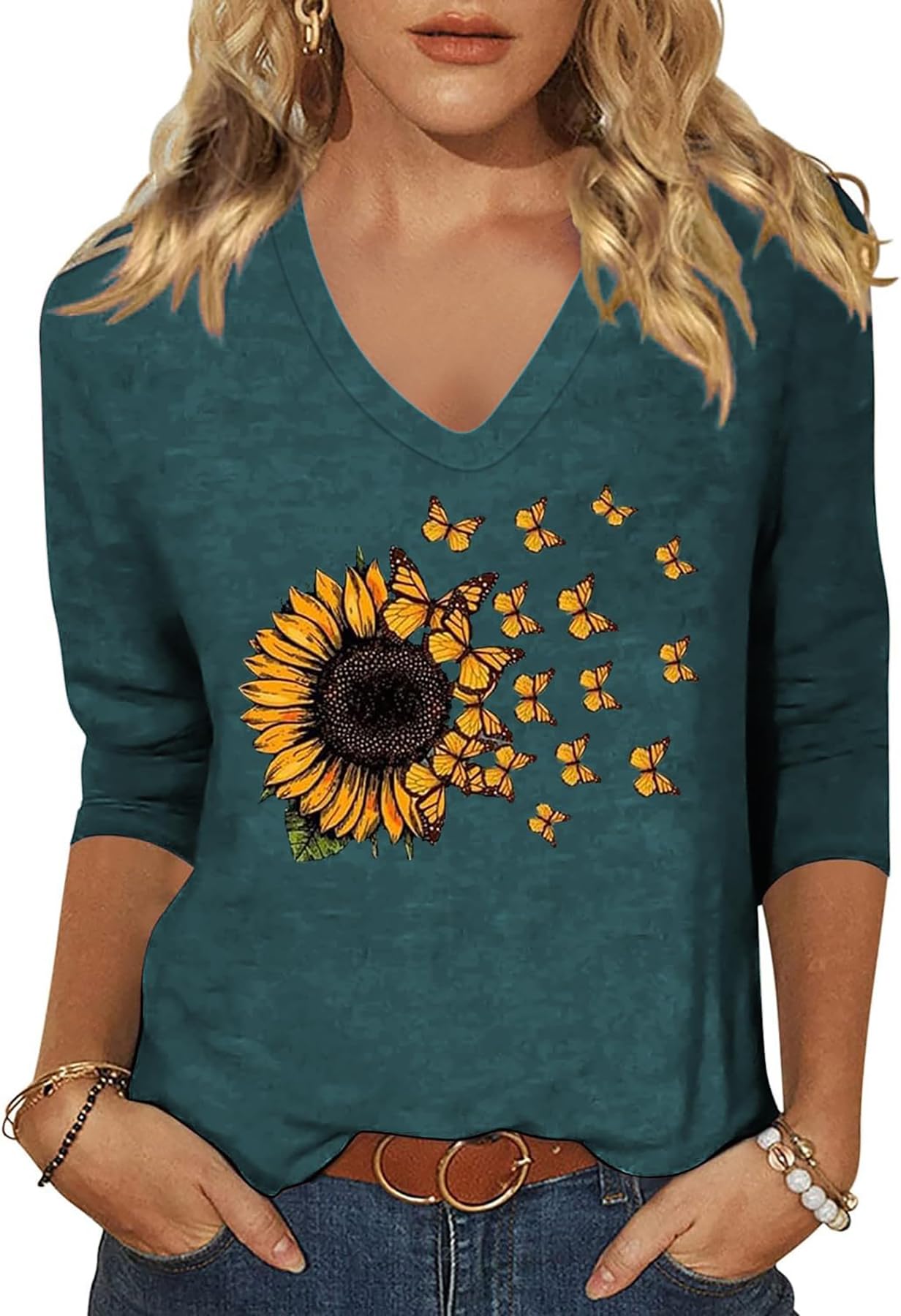 Womens V Neck Flowers Shirts Boho Floral Printed T-Shirt Vintage Graphic Tee Summer Casual Cute 3/4 Sleeve Tops