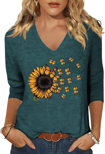 Womens V Neck Flowers Shirts Boho Floral Printed T-Shirt Vintage Graphic Tee Summer Casual Cute 3/4 Sleeve Tops