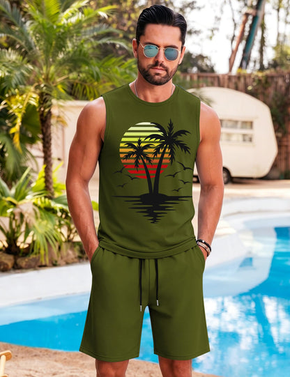 LecGee Men's 2 Piece Hawaiian Tank Tops Tropical Floral Beach Sleeveless Round neck T-shirt Casual Daily Beach Summer