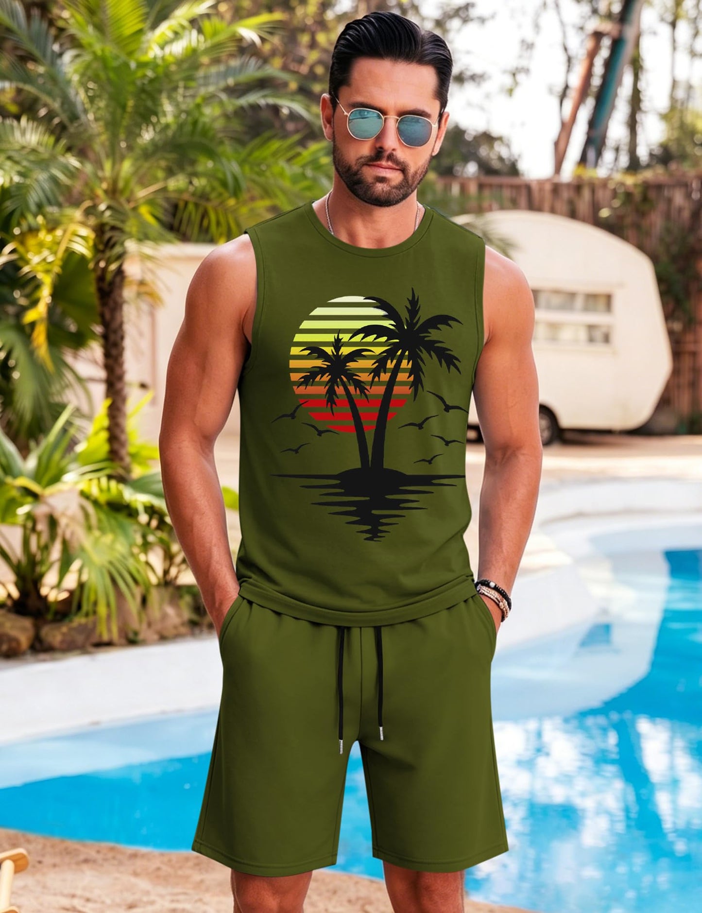 LecGee Men's 2 Piece Hawaiian Tank Tops Tropical Floral Beach Sleeveless Round neck T-shirt Casual Daily Beach Summer
