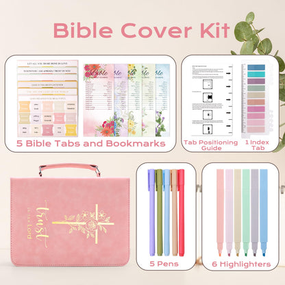 XKDOUS 20 Pcs Bible Case Set with Tabs, Pens, Study Supplies Carrier Holder Portable Men's Bible Bag Church Book Leather Cover Father Day Christian Gift for Dad, Mom, Men, Women