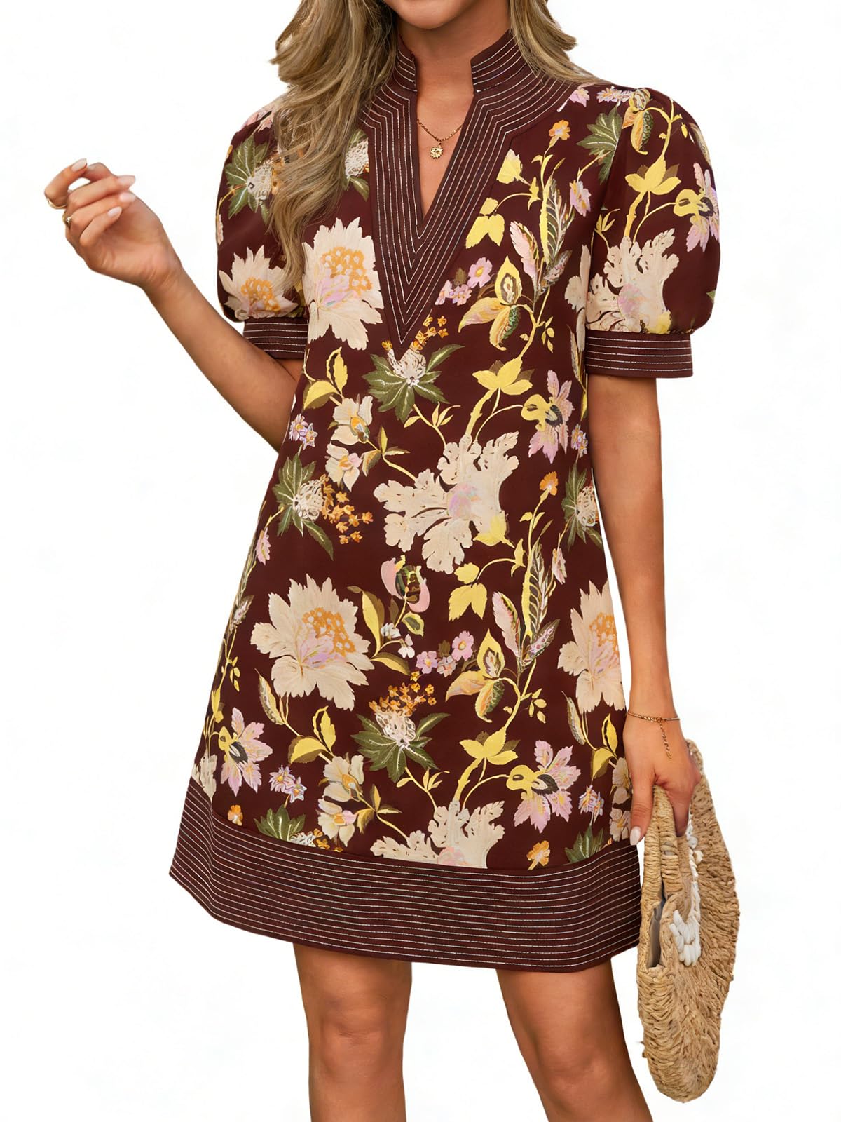 Wenrine Womens Summer V Neck Shift Dresses Casual Puff Short Sleeve Color Block Short Boho Beach Dresses with Pockets