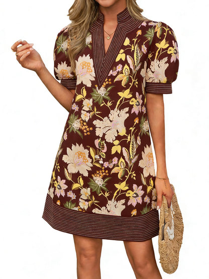 Wenrine Womens Summer V Neck Shift Dresses Casual Puff Short Sleeve Color Block Short Boho Beach Dresses with Pockets