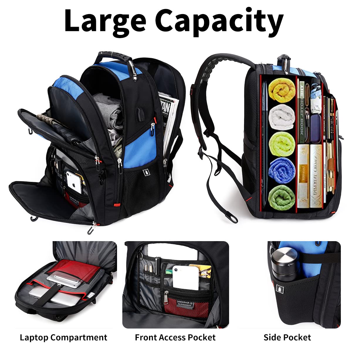 SHRRADOO Extra Large 50L Travel Laptop Backpack with combination lock,High School College Backpack Airline Approved Business Work Bag Fit 17 Inch Laptops for Men Women,Black