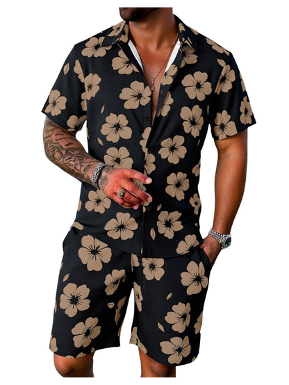GORGLITTER Men's Vacation Beach Cruise Summer Outfits 2 Piece Shorts Set Hawaiian Button Down Shirt and Shorts