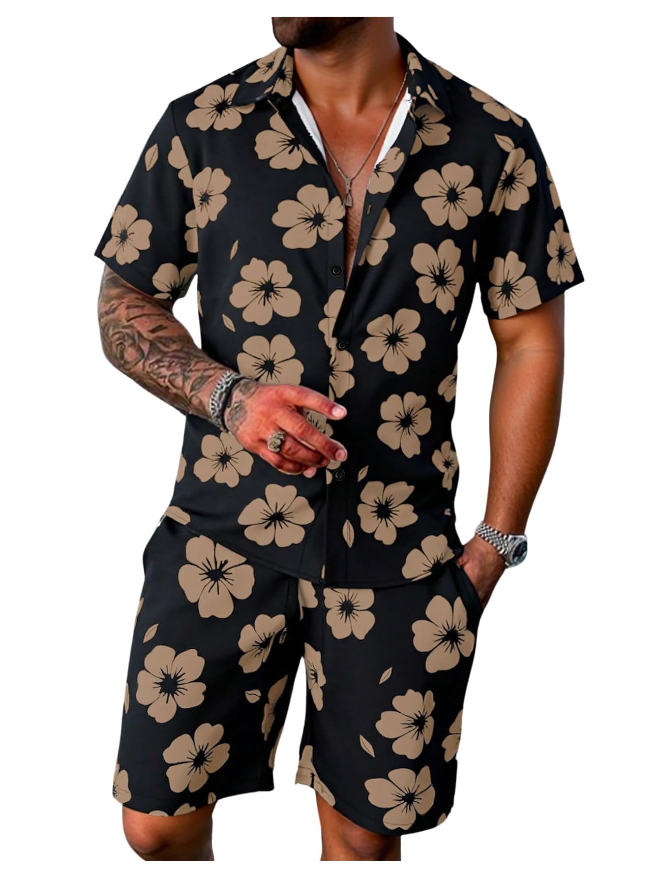 GORGLITTER Men's Vacation Beach Cruise Summer Outfits 2 Piece Shorts Set Hawaiian Button Down Shirt and Shorts