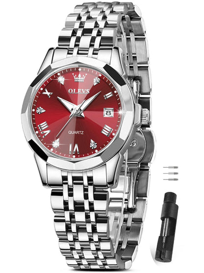 OLEVS Watches Women with Date Silver Stainless Steel Luxury Ladies Watches with Small Writs Diamond Watches for Women Waterproof Elegant Dress Quartz Analog Women's Wrist Watches Reloj de Mujer