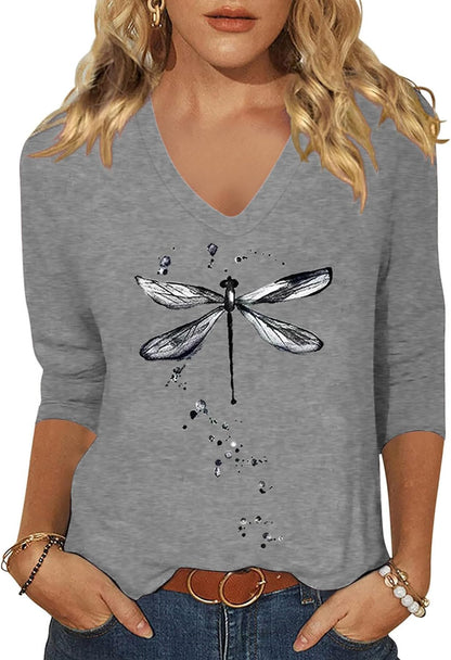 Womens V Neck Flowers Shirts Boho Floral Printed T-Shirt Vintage Graphic Tee Summer Casual Cute 3/4 Sleeve Tops