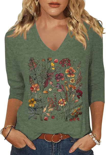 Womens V Neck Flowers Shirts Boho Floral Printed T-Shirt Vintage Graphic Tee Summer Casual Cute 3/4 Sleeve Tops