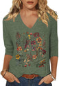 Womens V Neck Flowers Shirts Boho Floral Printed T-Shirt Vintage Graphic Tee Summer Casual Cute 3/4 Sleeve Tops