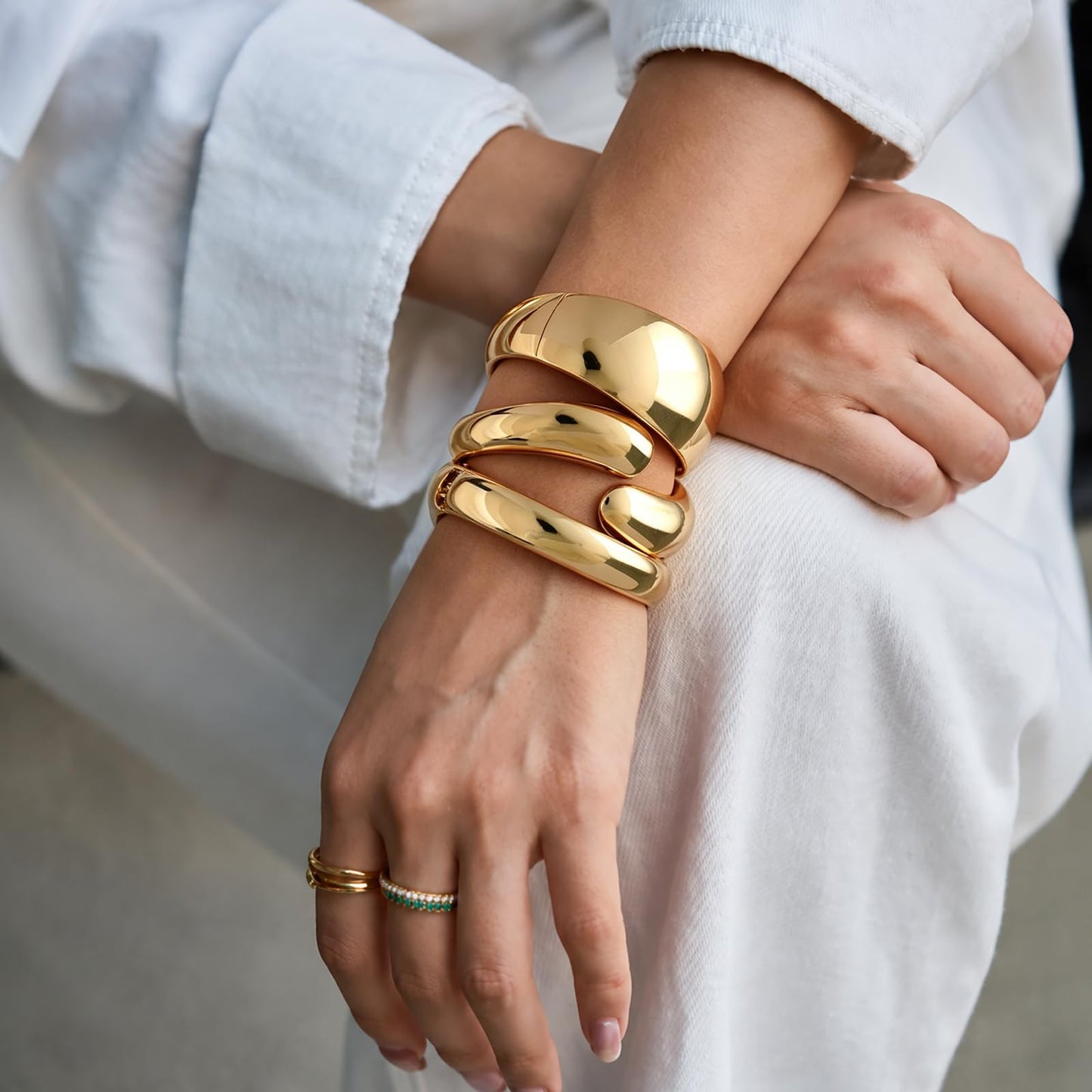 Chunky Gold Bangle Bracelets for Women Trendy 14K Gold Plated Cuff Bracelets Stack, Dainty Gold Bracelet Sets Non Tarnish Fashion Jewelry Gift