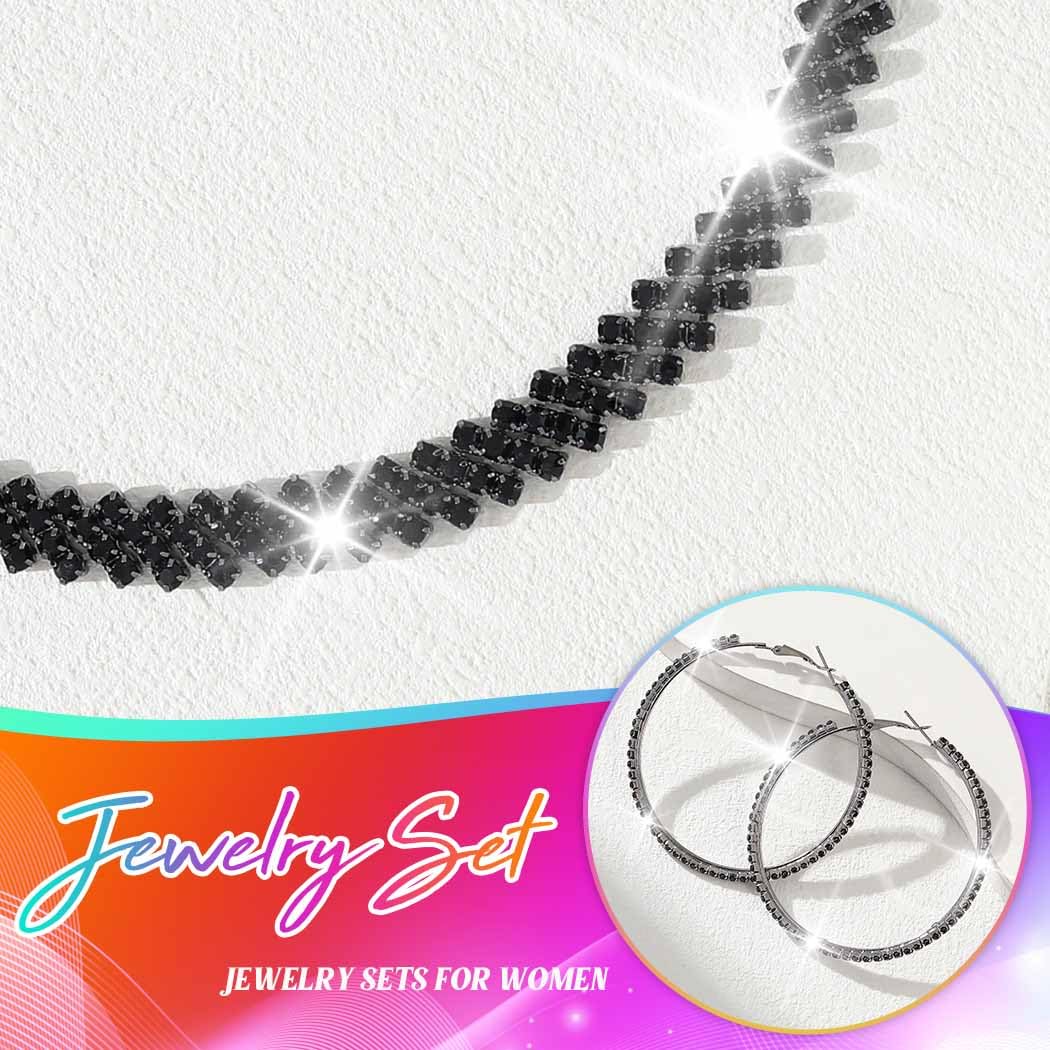 Unicra Black Jewelry Sets Rhinestone Necklace Hoop Earrings Bracelet Set Prom Formal Sparkly Costume Jewelry Sets for Women