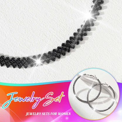 Unicra Black Jewelry Sets Rhinestone Necklace Hoop Earrings Bracelet Set Prom Formal Sparkly Costume Jewelry Sets for Women