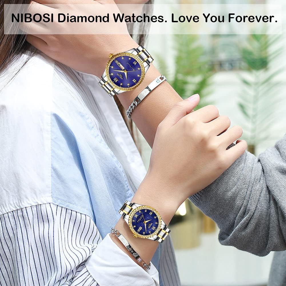 NIBOSI Watches for Couples Diamond Luxury Men and Women His and Hers Pair Watch Set Husband Wife Valentines Matching Wrist Watch Wedding Gifts Day Date Waterproof Quartz Analog