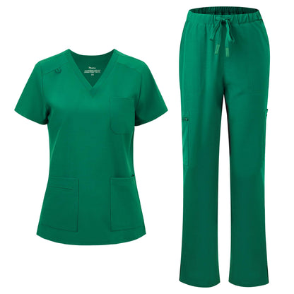floralhue Scrubs for Women, V-Neck Straight Leg Pants with 12 Pockets | Slit Hem Cargo Pant Storage, Yoga Waistband, Water Resistance, For Nurses, Clinics, Long Shifts, Daily Medical Uniforms