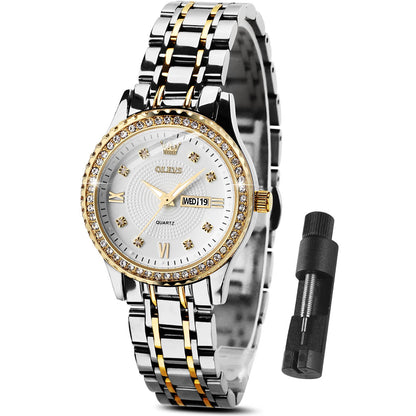 OLEVS Watches Women with Date Silver Stainless Steel Luxury Ladies Watches with Small Writs Diamond Watches for Women Waterproof Elegant Dress Quartz Analog Women's Wrist Watches Reloj de Mujer