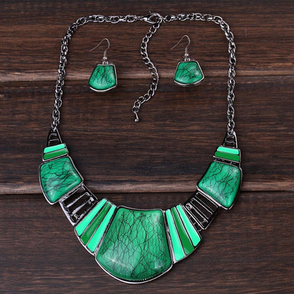 YAZILIND Vintage Ethnic Tibetan Sliver Turquoise Bib Collar Earrings Necklace Jewelry Set Women