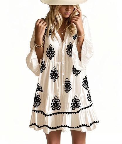 Opemiby Summer Dresses for Women 2026 Flowy Ruffle 3/4 Sleeve V Neck Tiered Casual Babydoll Boho Beach Mini Dress