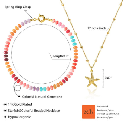 Zeffy Shell Necklace for Women,14K Gold Plated Layered Starfish Conch SeaShell Pearl Pendant Charm Necklace Stack Waterproof Dainty Beach Jewelry for Summer Vacation